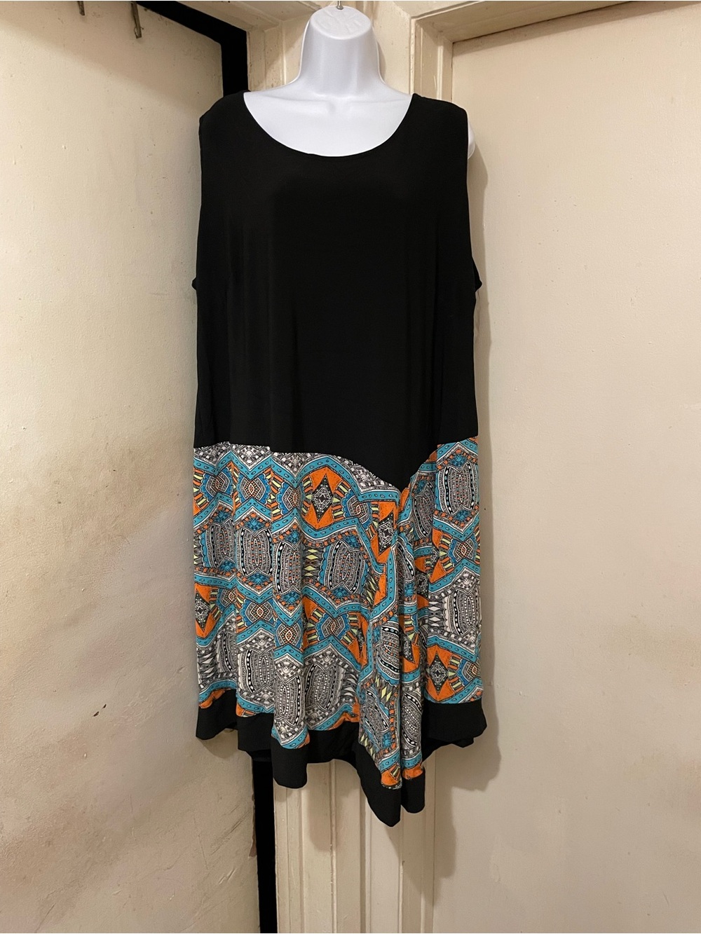 Black Teal Orange Geometric Shift Dress Scoop Neck Stretch 3X